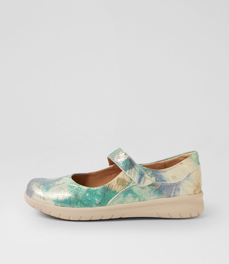 Selroy Xw Green Watercolour Leather Flat Shoes